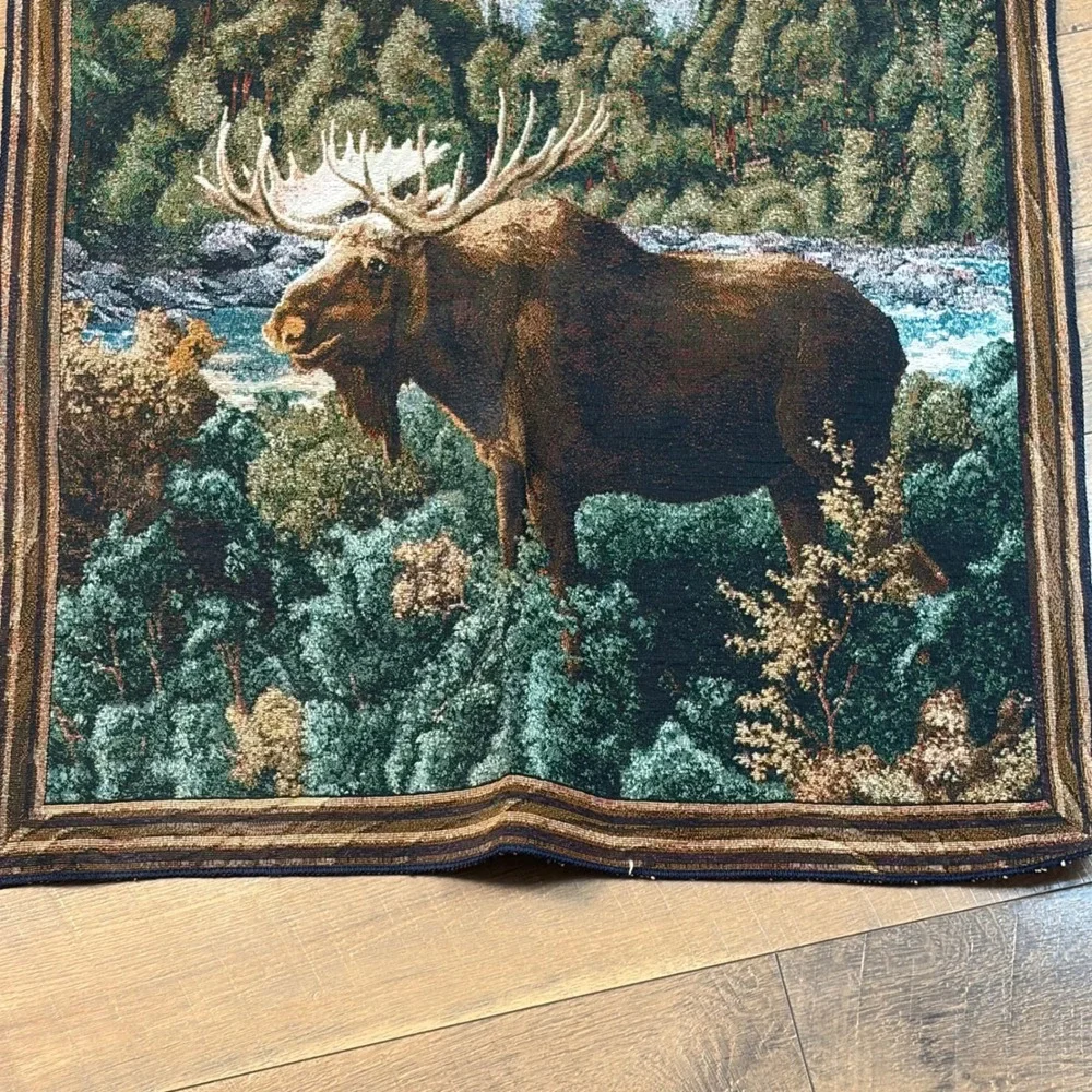 Vintage Moose Mountain River Woven Wall Tapestry Cabin Lodge Rustic 35x26
